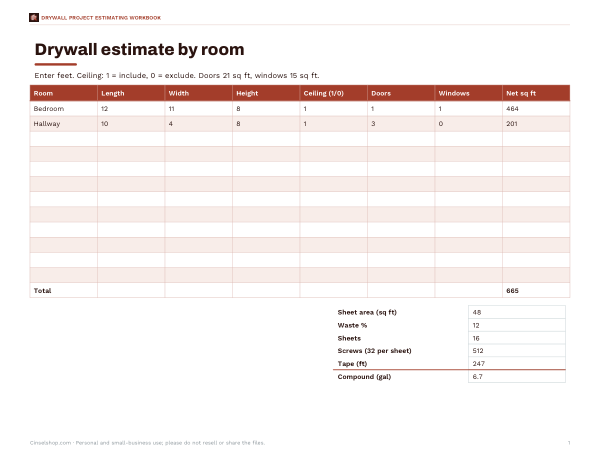 Preview of Drywall Estimate by Room Worksheet