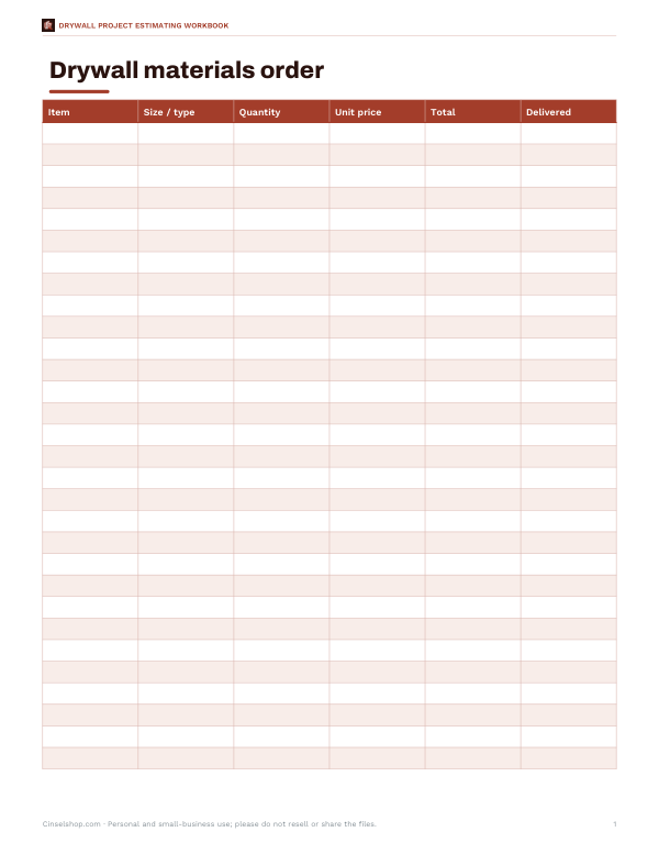 Preview of Printable Drywall Materials Order Sheet